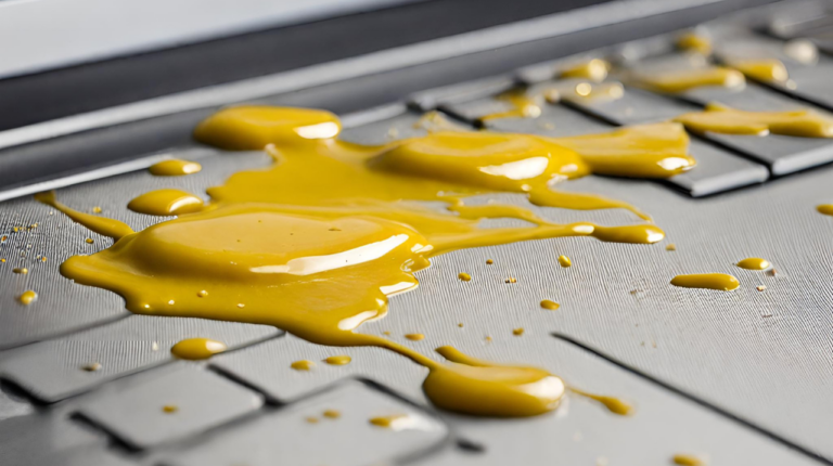 This is an image of mustard spilled on a laptop, used as the featured image for a Pluginize blog post about how to create a taxonomy archive in which mustards are used as an example of a taxonomy that needs to be created and archived.
