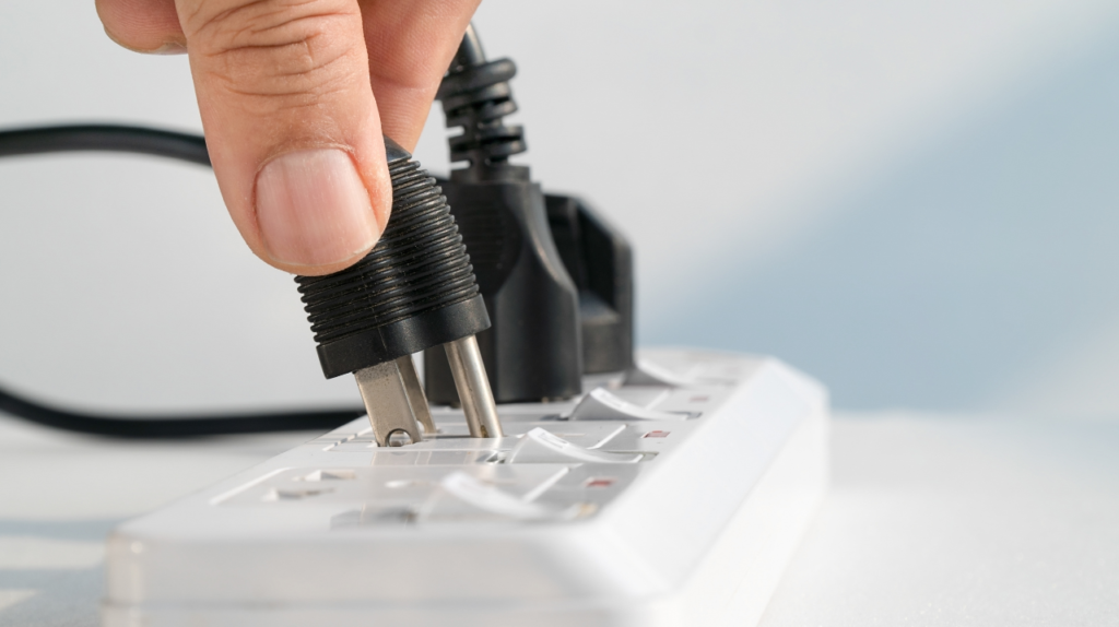 This is an image of a hand plugging a plug into a surge protector strip.