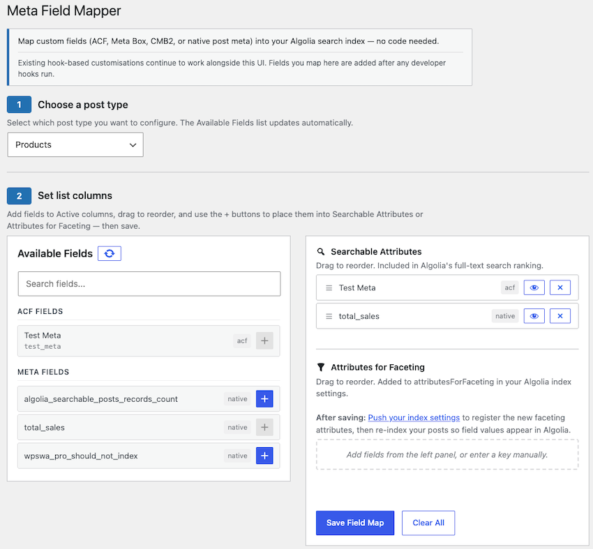 WordPress admin screen showing custom fields being dragged into Algolia Searchable Attributes and Attributes for Faceting columns.
