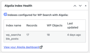 Algolia Index Health WordPress Dashboard Widget