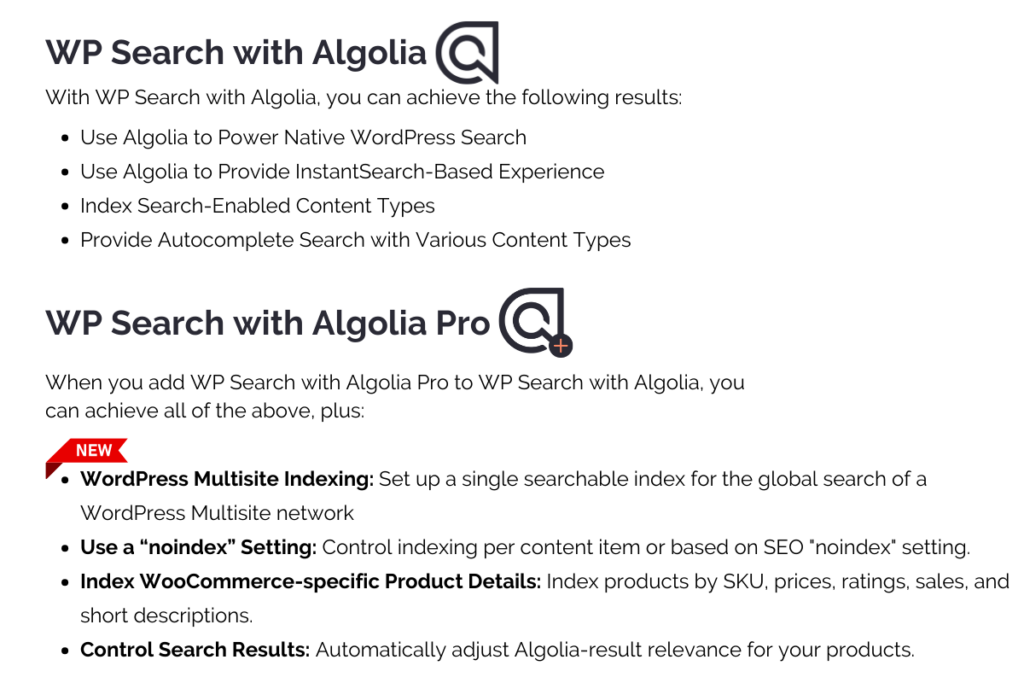 Este é um gráfico comparativo que mostra a diferença entre a instalação do plugin WordPress WP Search com Algolia e o plugin premium WP Search com Algolia Pro.  Com os recursos premium, há mais benefícios, como a indexação WordPress Multisite.